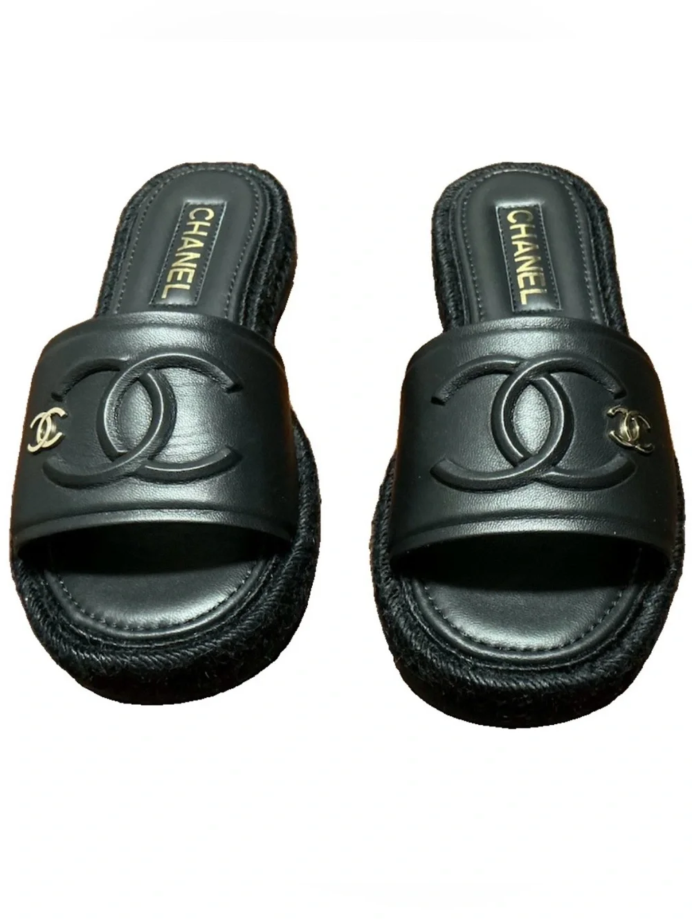 Chanel 23C Black Lambskin Leather CC Logo Slide Sandal Slip Espadrille Flat 38